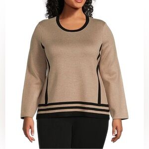 Investments‎ Beige and Black Striped Novelty Border Long Sleeve Sweater 2X